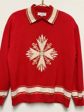 St John Collection Embellished Polo Collared Sweater Size L Holiday Star Cross